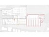 Grundriss Erdgeschoss: rechts in Rot die neue Halle, Gelb bedeutet Abbruch.